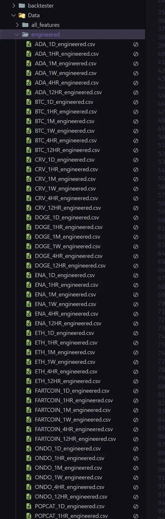 Engineered feature sets, one per coin and timeframe