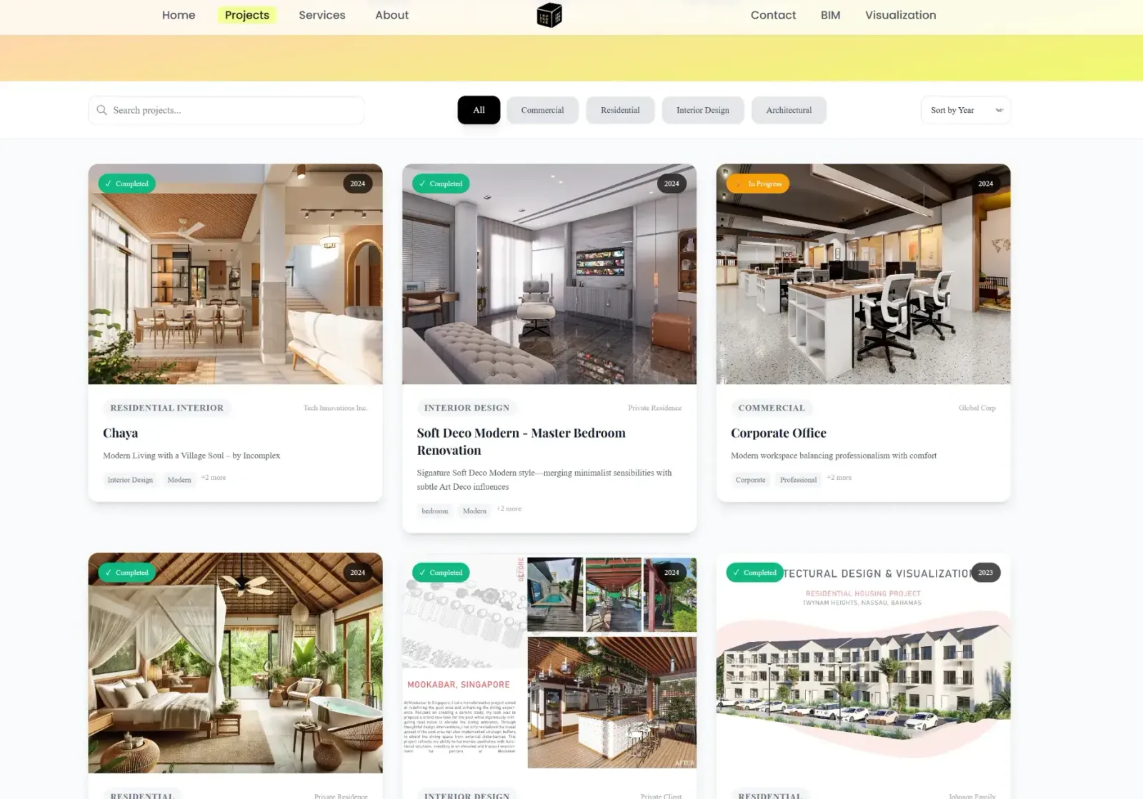 The project index, filterable by type