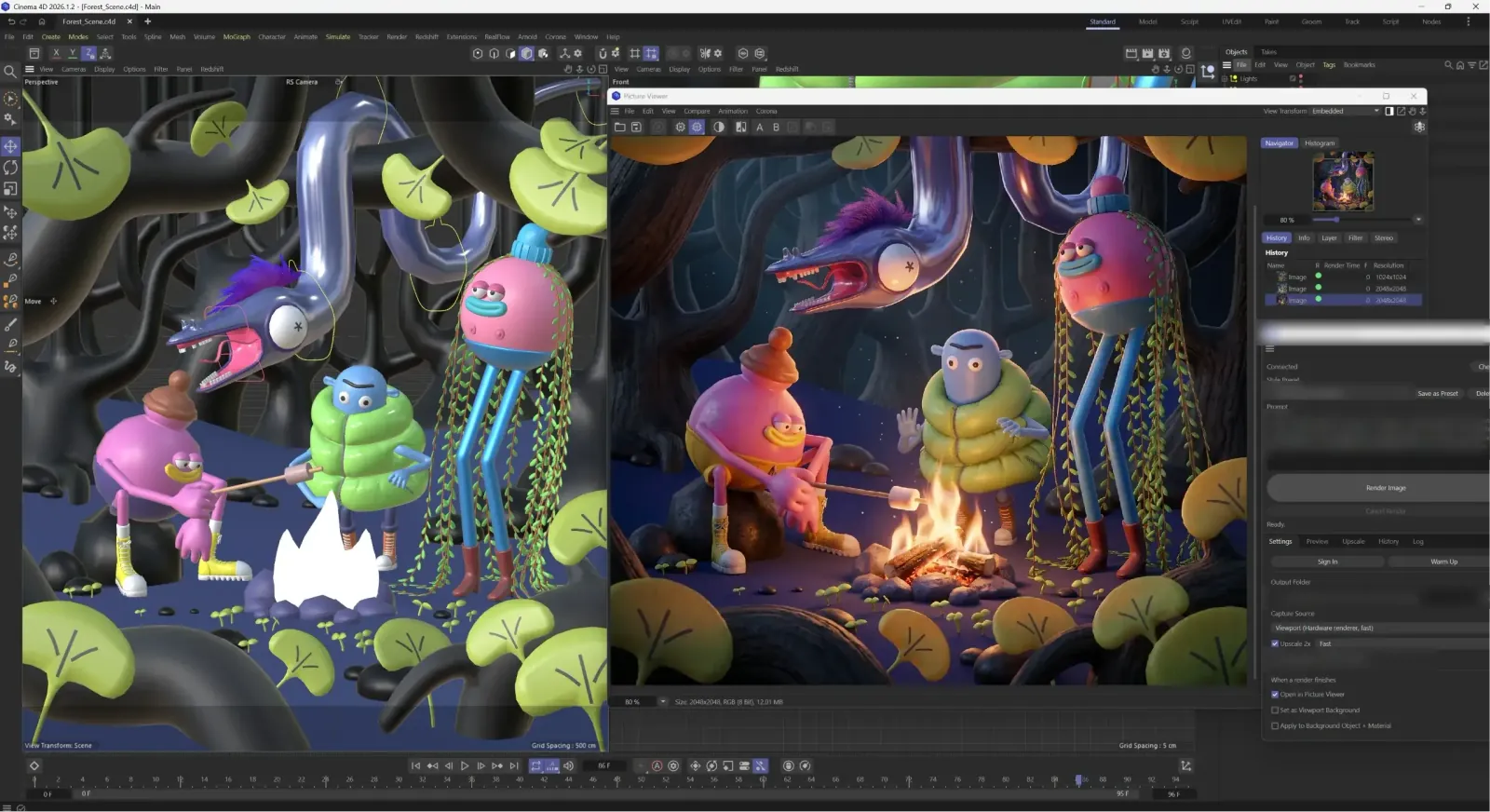 Cinema 4D: the working viewport on the left, the AI render of the same view on the right