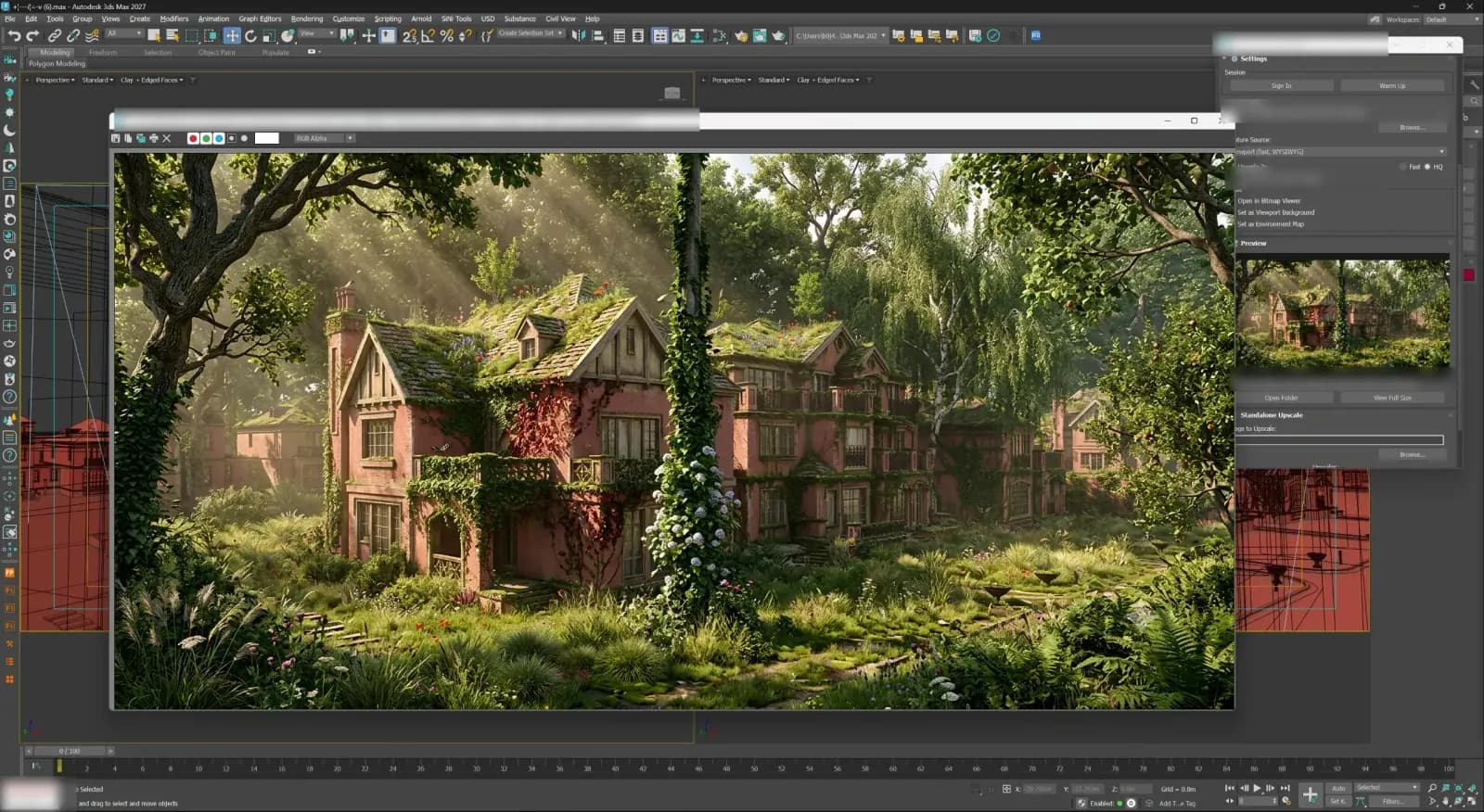 3ds Max: an exterior rendered and upscaled from the viewport, landed back in the host app