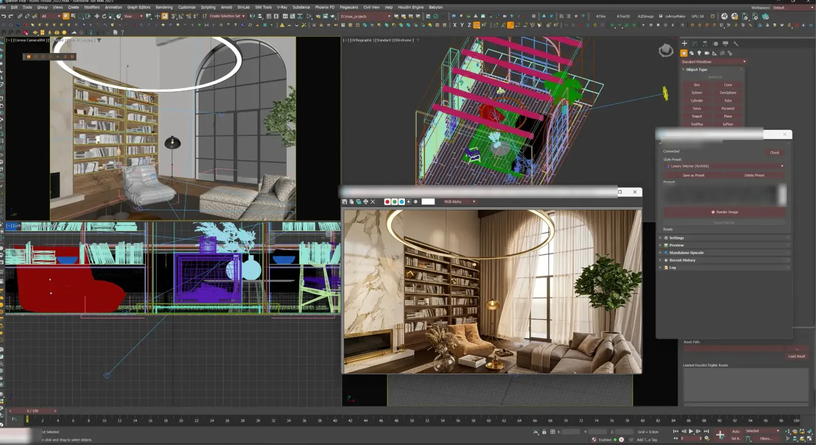 3ds Max: an interior rendered from a clay viewport